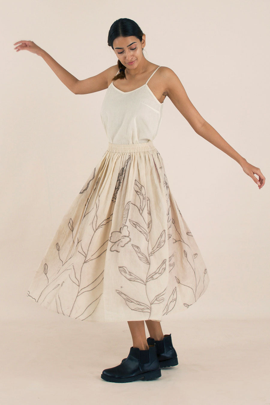 Beige Hand-Painted Gathered Skirt