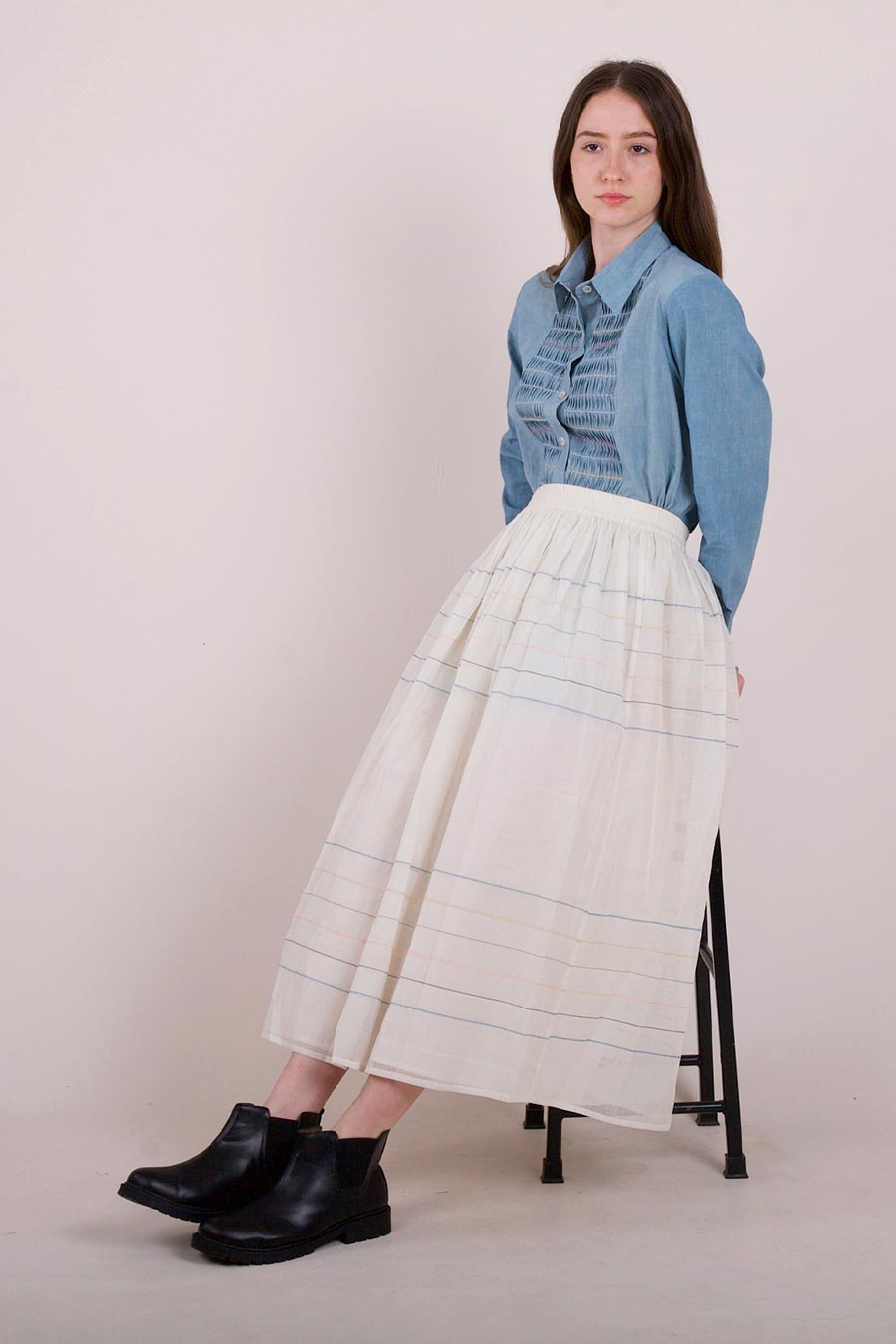 Off-White Cotton Gathered Skirt