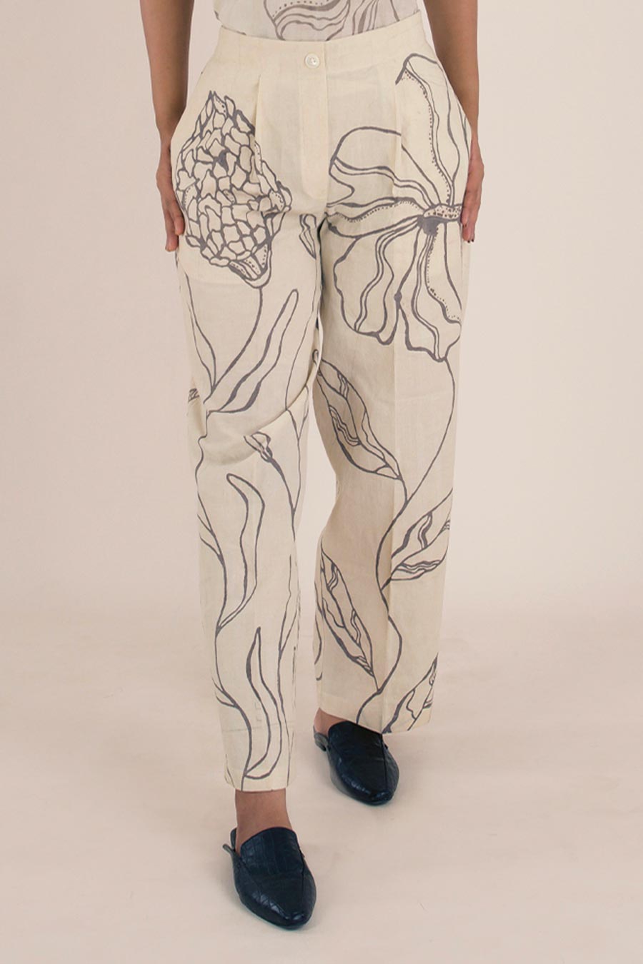 Beige Hand-Painted Straight Pants