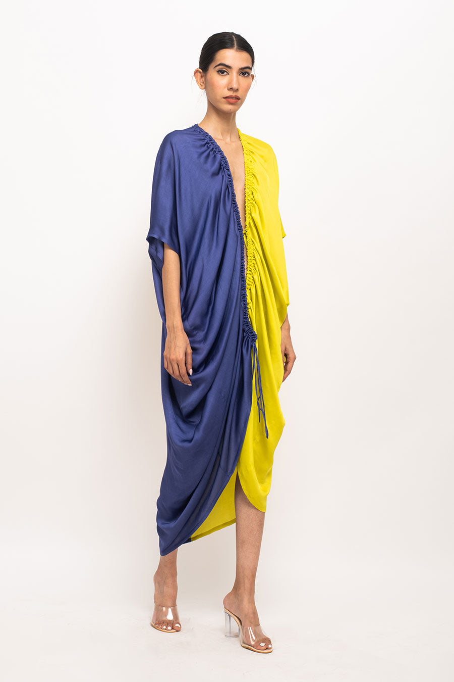 Blue-Yellow Rouching Long Cape Overlay