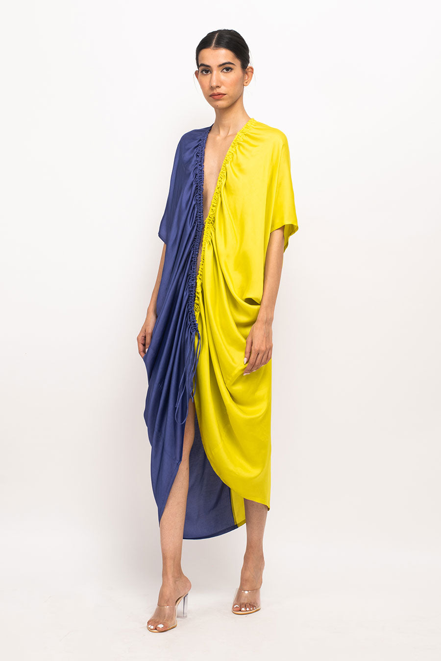 Blue-Yellow Rouching Long Cape Overlay