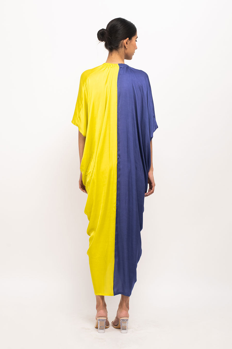 Blue-Yellow Rouching Long Cape Overlay