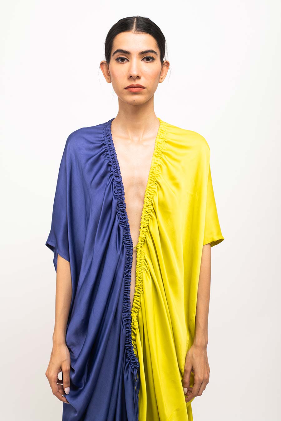 Blue-Yellow Rouching Long Cape Overlay