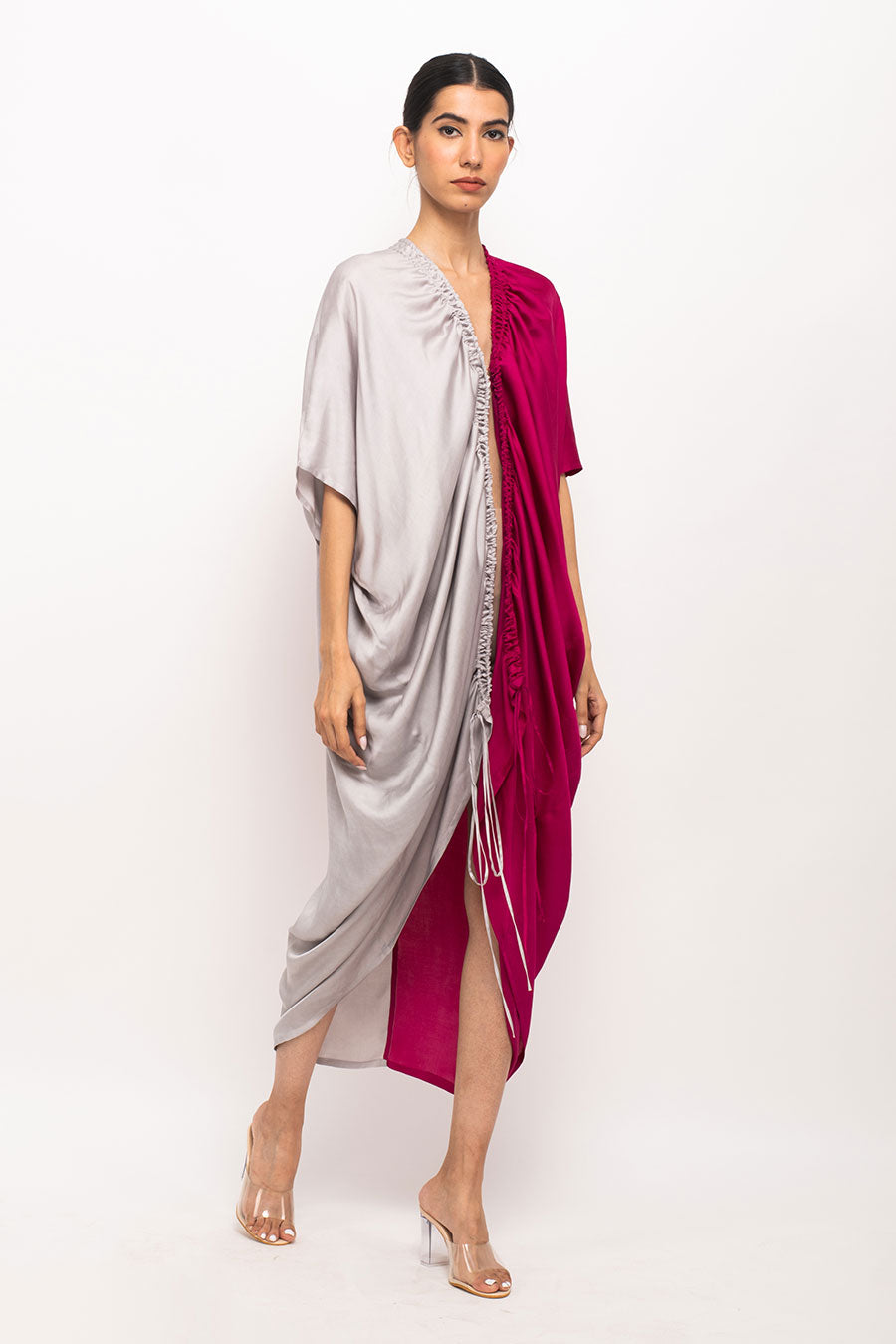 Wine-Grey Rouching Long Cape Overlay