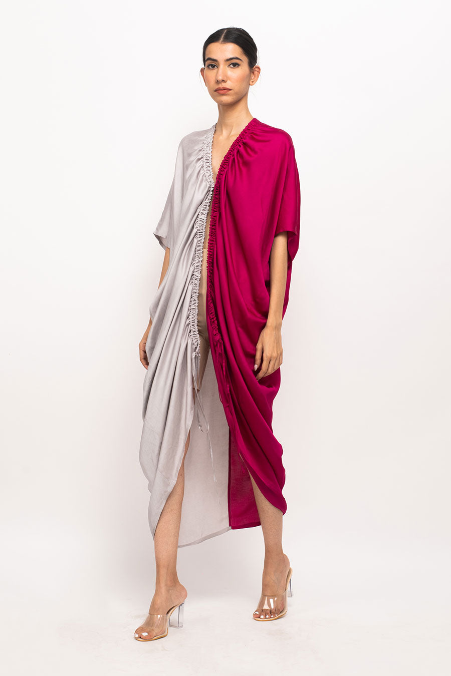 Wine-Grey Rouching Long Cape Overlay