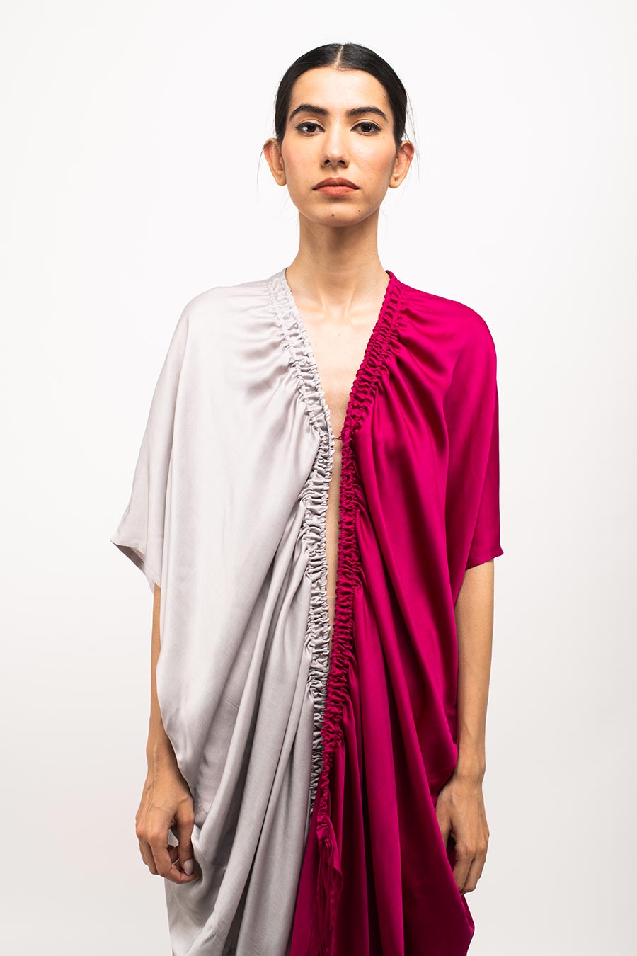 Wine-Grey Rouching Long Cape Overlay