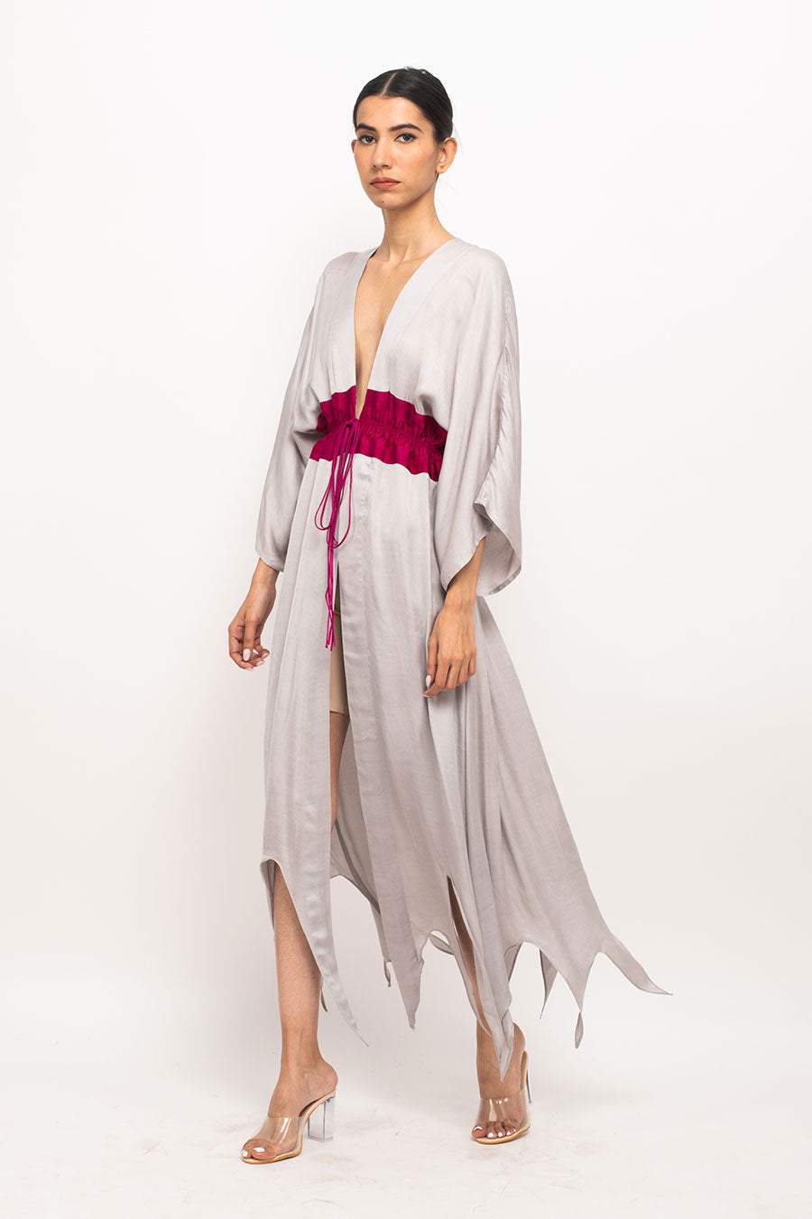 Grey-Wine Asymmetrical Long Cape Overlay