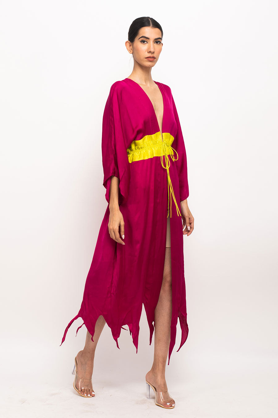 Wine-Yellow Asymmetrical Long Cape Overlay