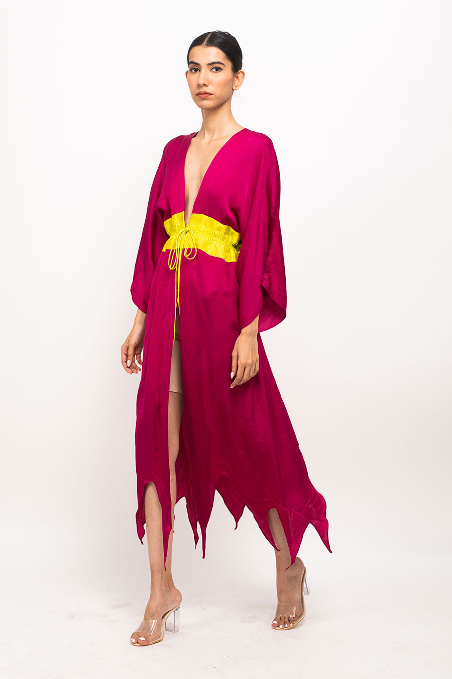 Wine-Yellow Asymmetrical Long Cape Overlay