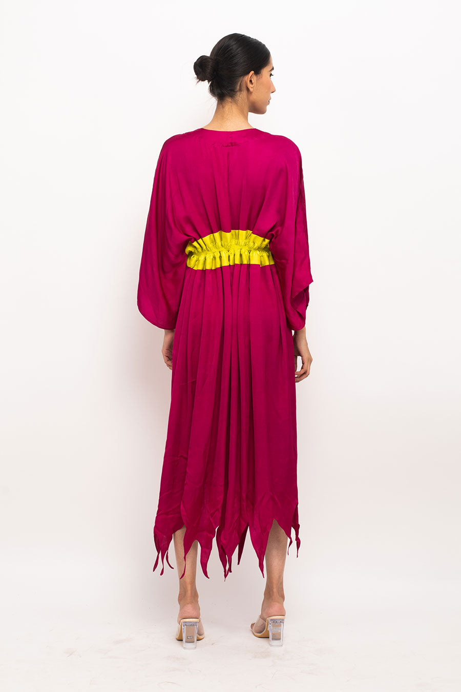 Wine-Yellow Asymmetrical Long Cape Overlay