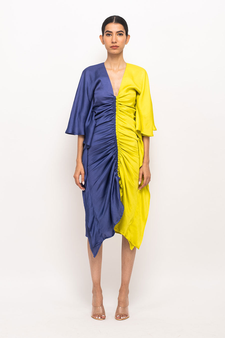 Blue-Yellow Kaftan Rouched Dress