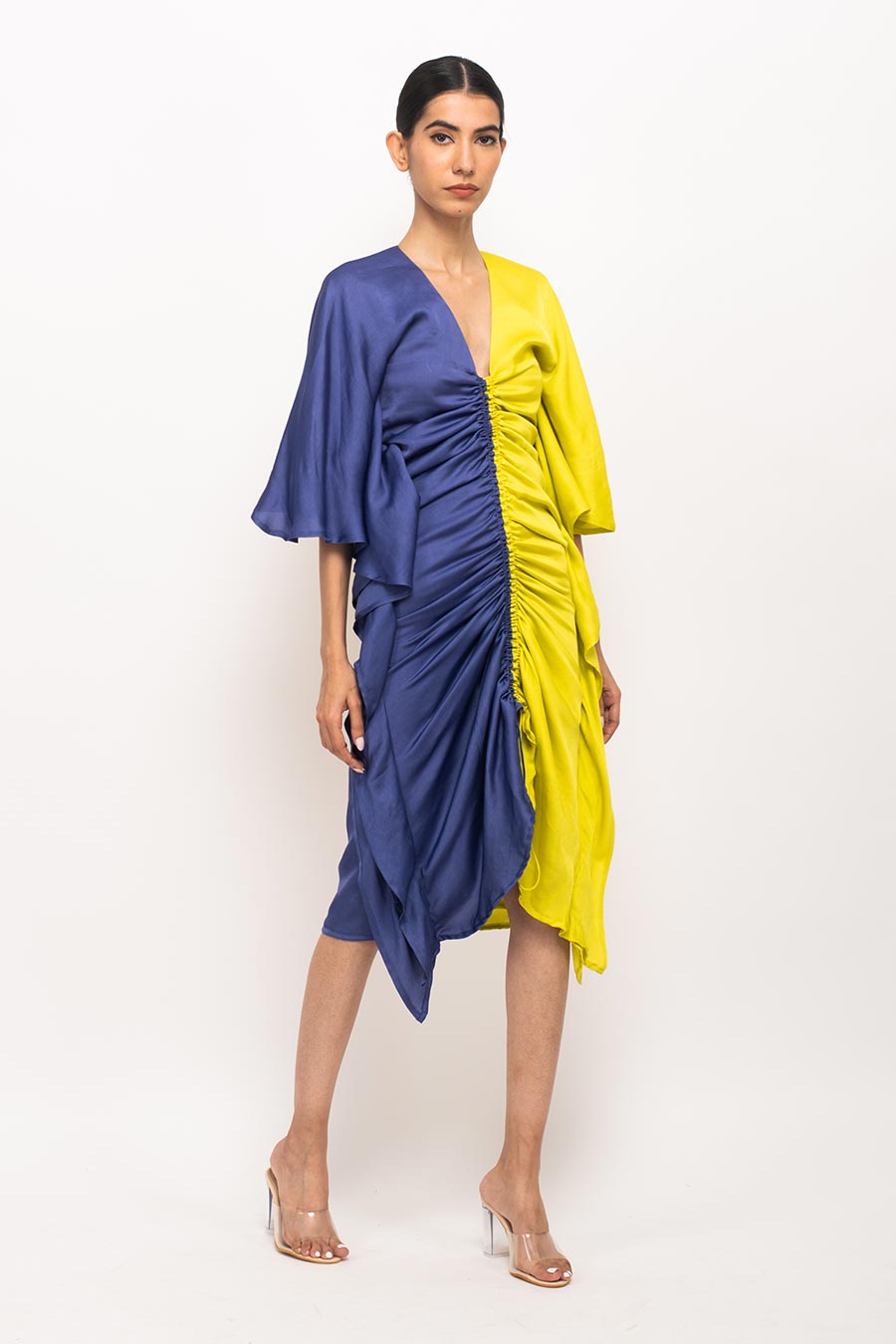 Blue-Yellow Kaftan Rouched Dress