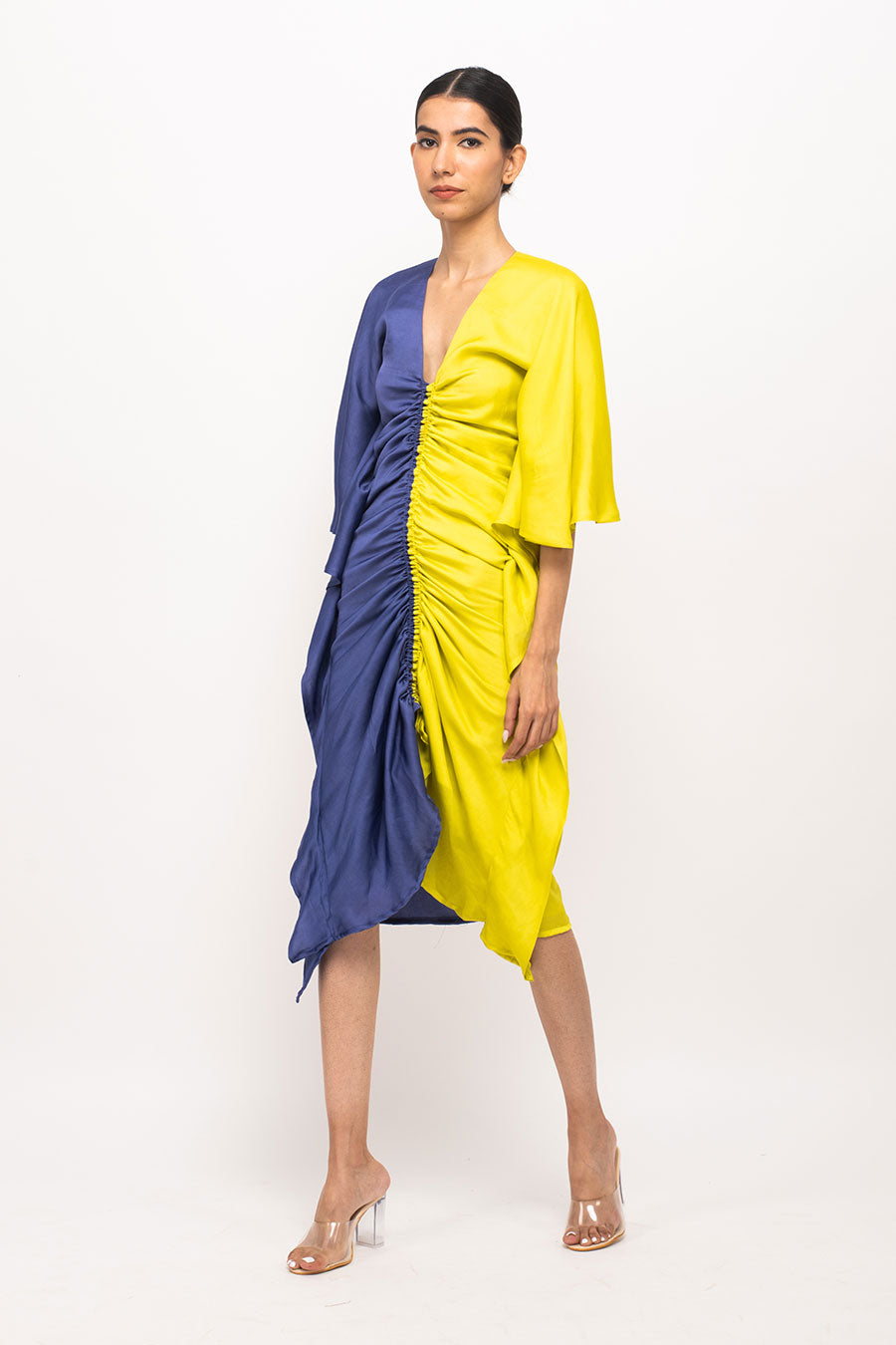 Blue-Yellow Kaftan Rouched Dress