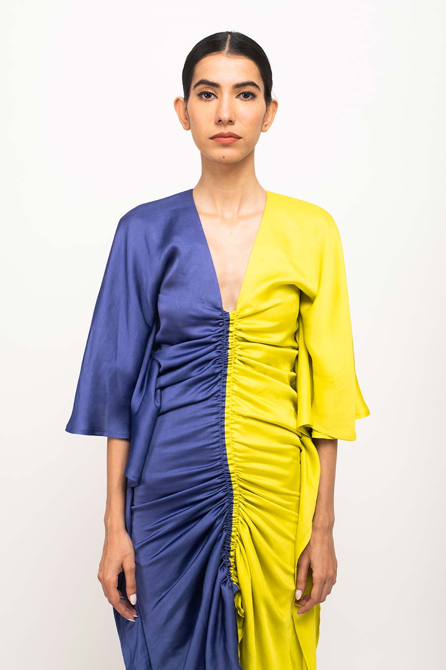 Blue-Yellow Kaftan Rouched Dress