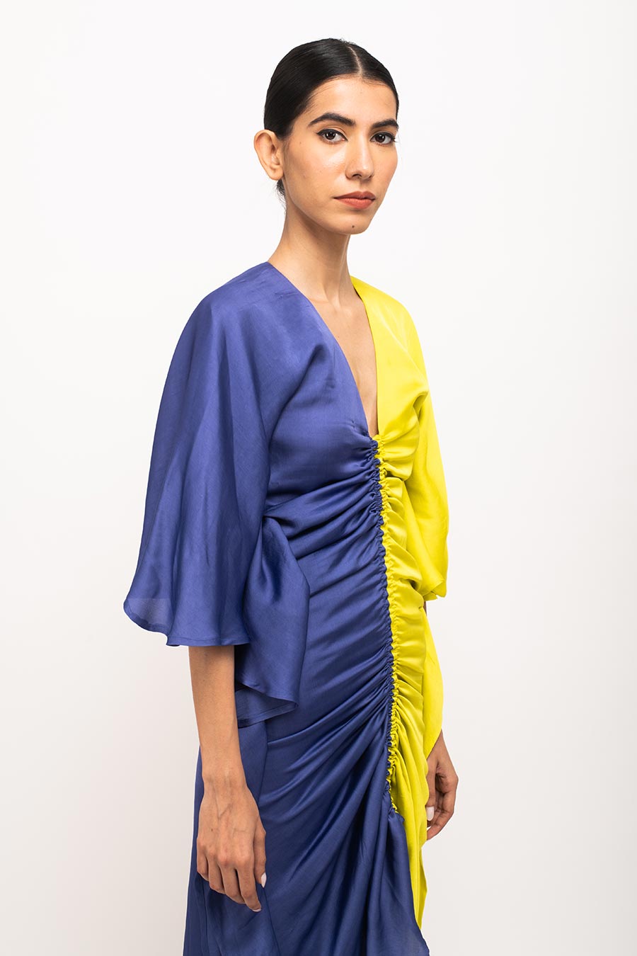 Blue-Yellow Kaftan Rouched Dress