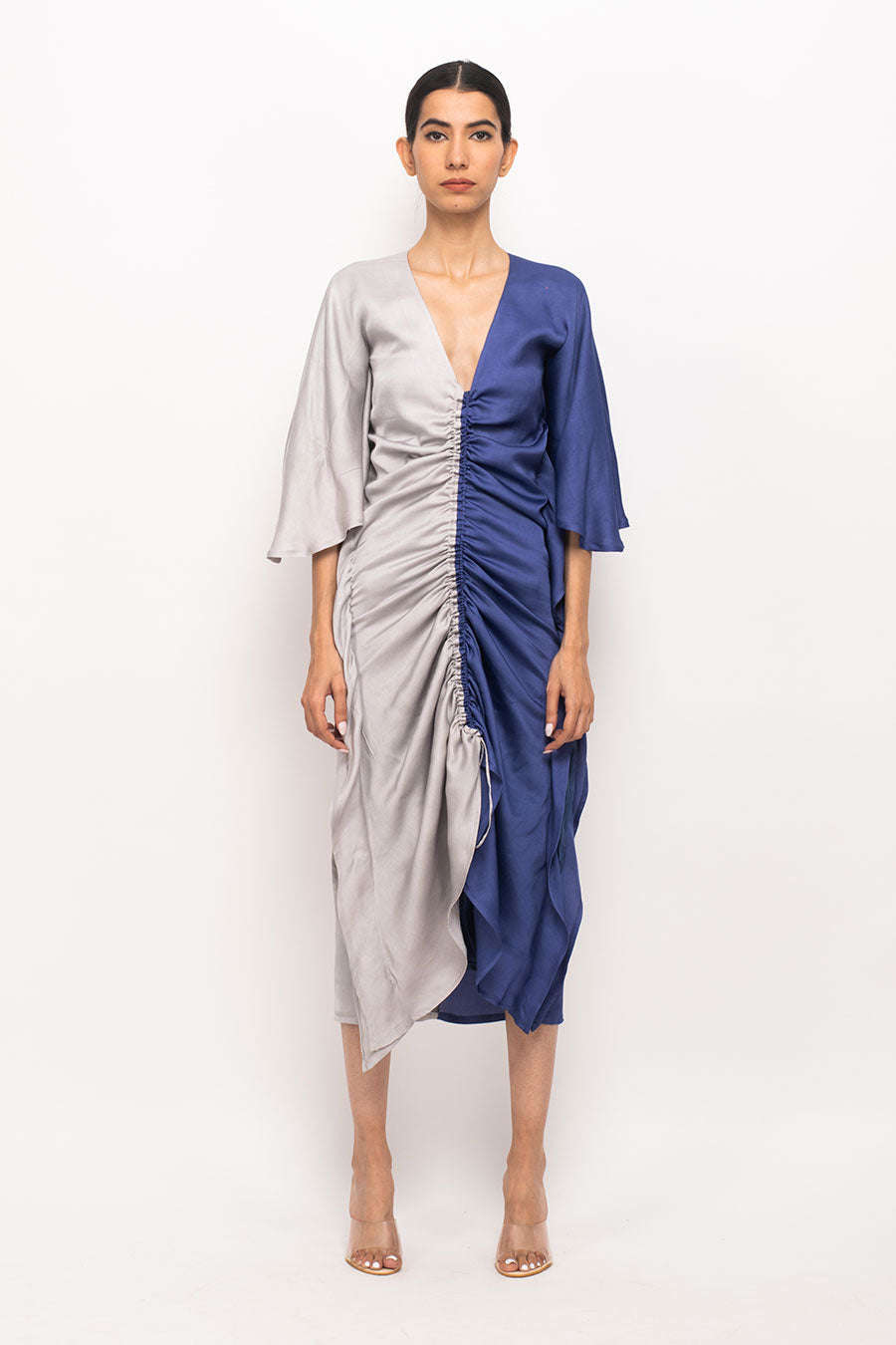 Grey-Blue Kaftan Rouched Dress
