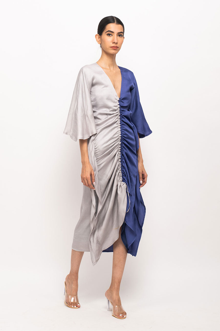 Grey-Blue Kaftan Rouched Dress