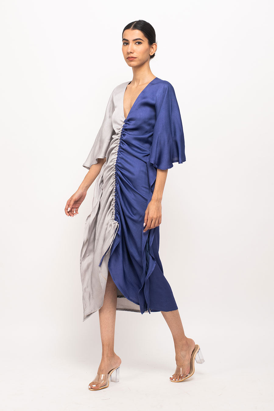 Grey-Blue Kaftan Rouched Dress