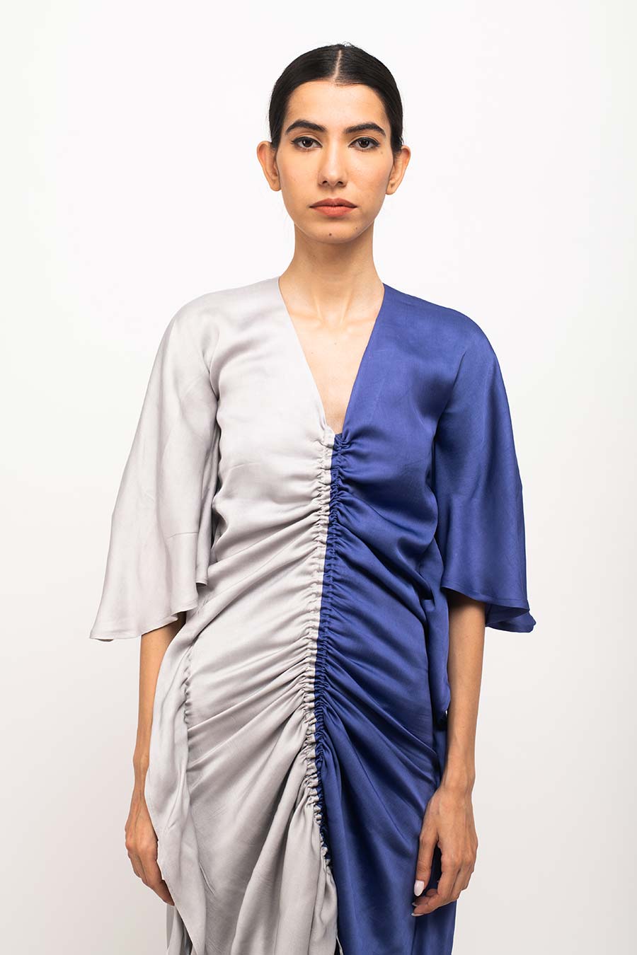 Grey-Blue Kaftan Rouched Dress