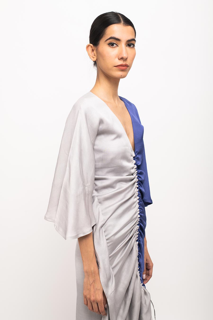 Grey-Blue Kaftan Rouched Dress