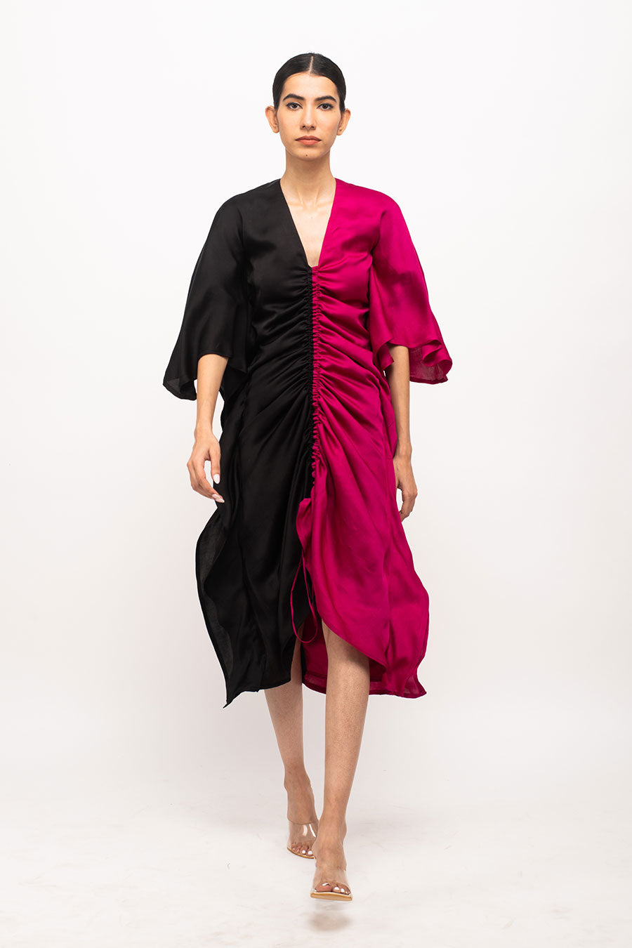 Black-Wine Kaftan Rouched Dress