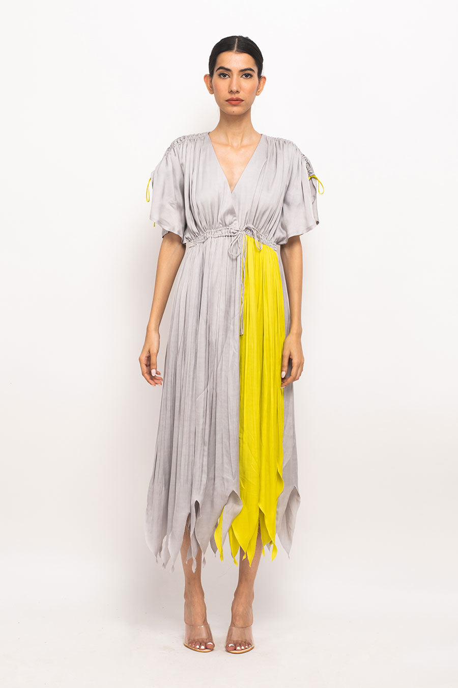 Grey-Yellow Asymmetrical Rouched Dress