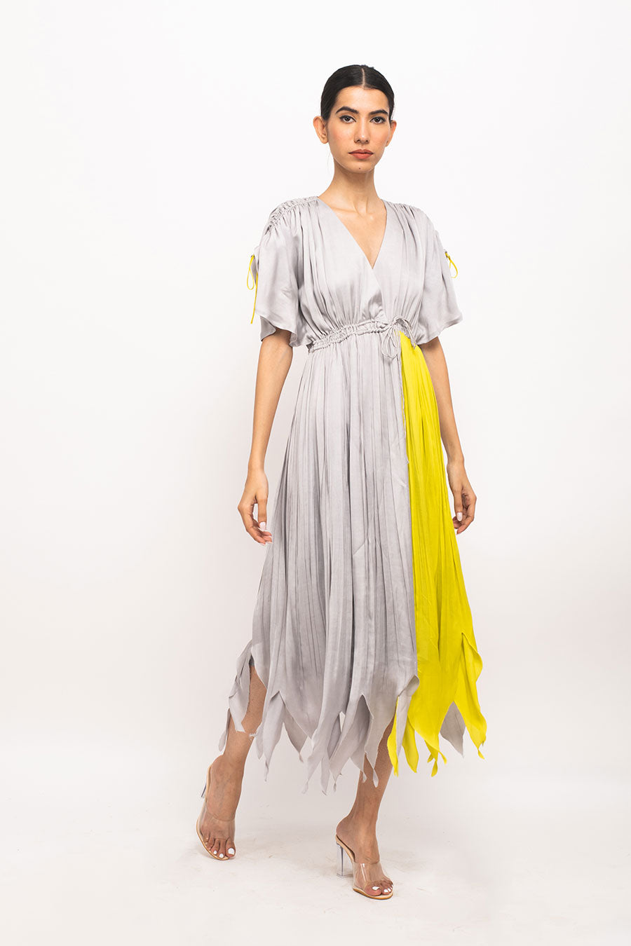 Grey-Yellow Asymmetrical Rouched Dress