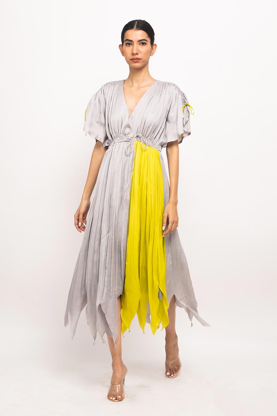 Grey-Yellow Asymmetrical Rouched Dress