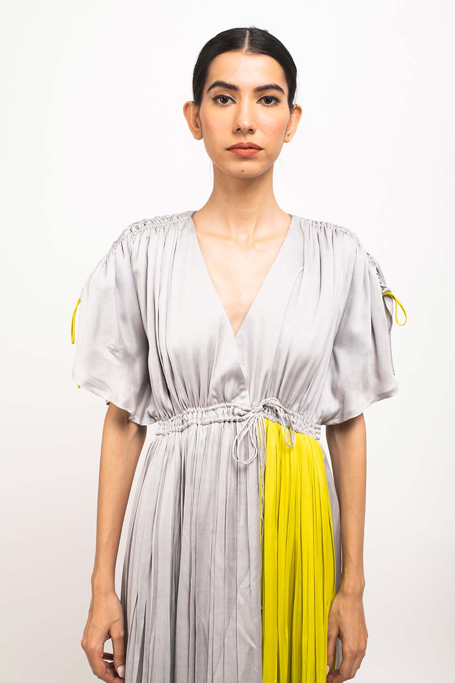 Grey-Yellow Asymmetrical Rouched Dress