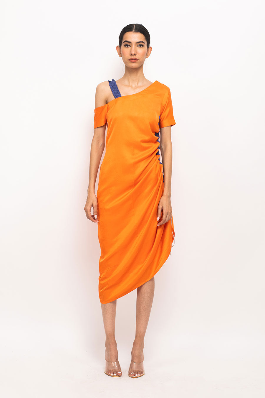 Orange-Blue One-Shoulder Rouched Dress