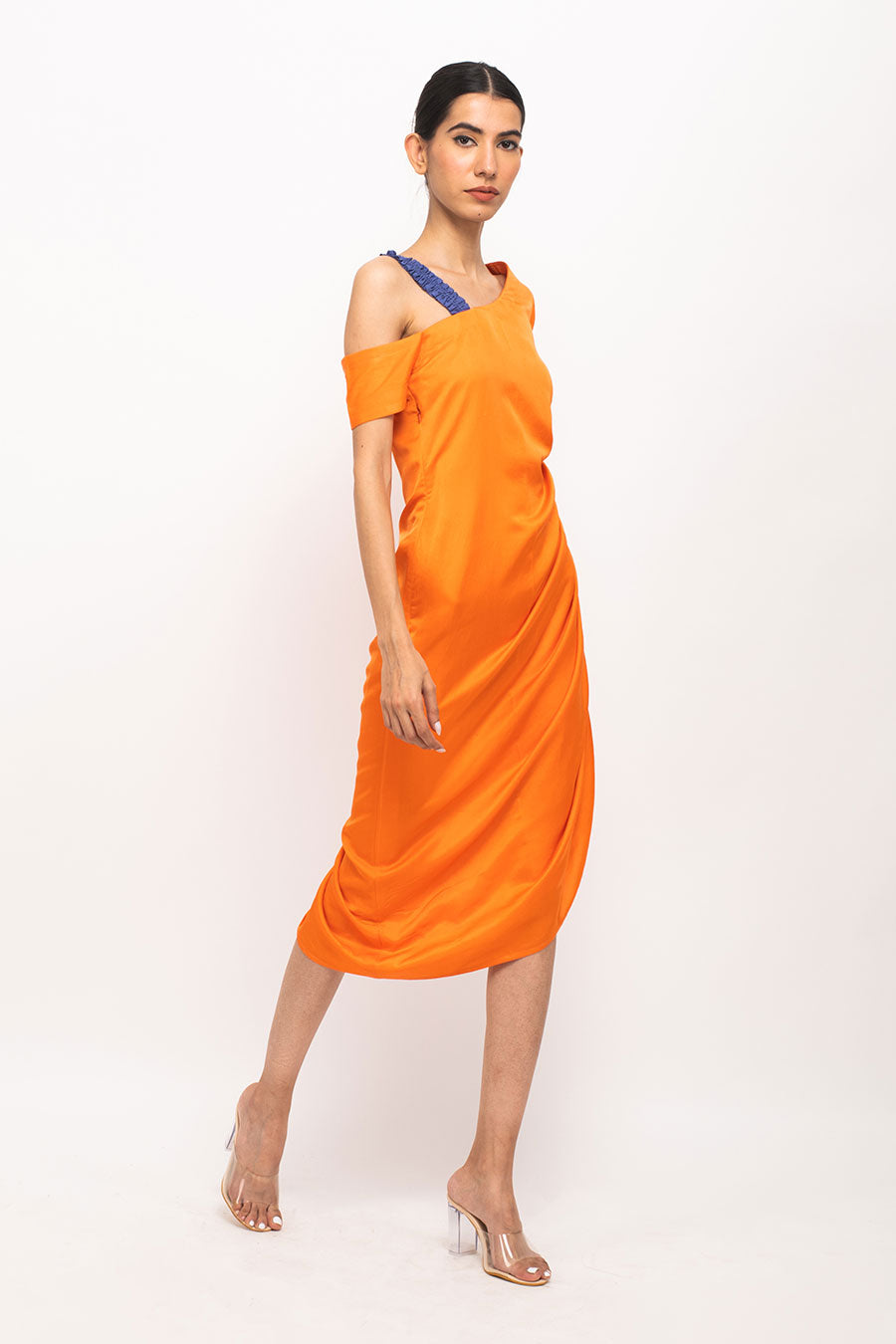 Orange-Blue One-Shoulder Rouched Dress