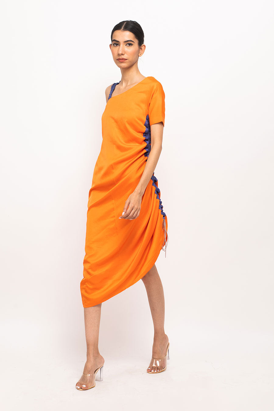 Orange-Blue One-Shoulder Rouched Dress