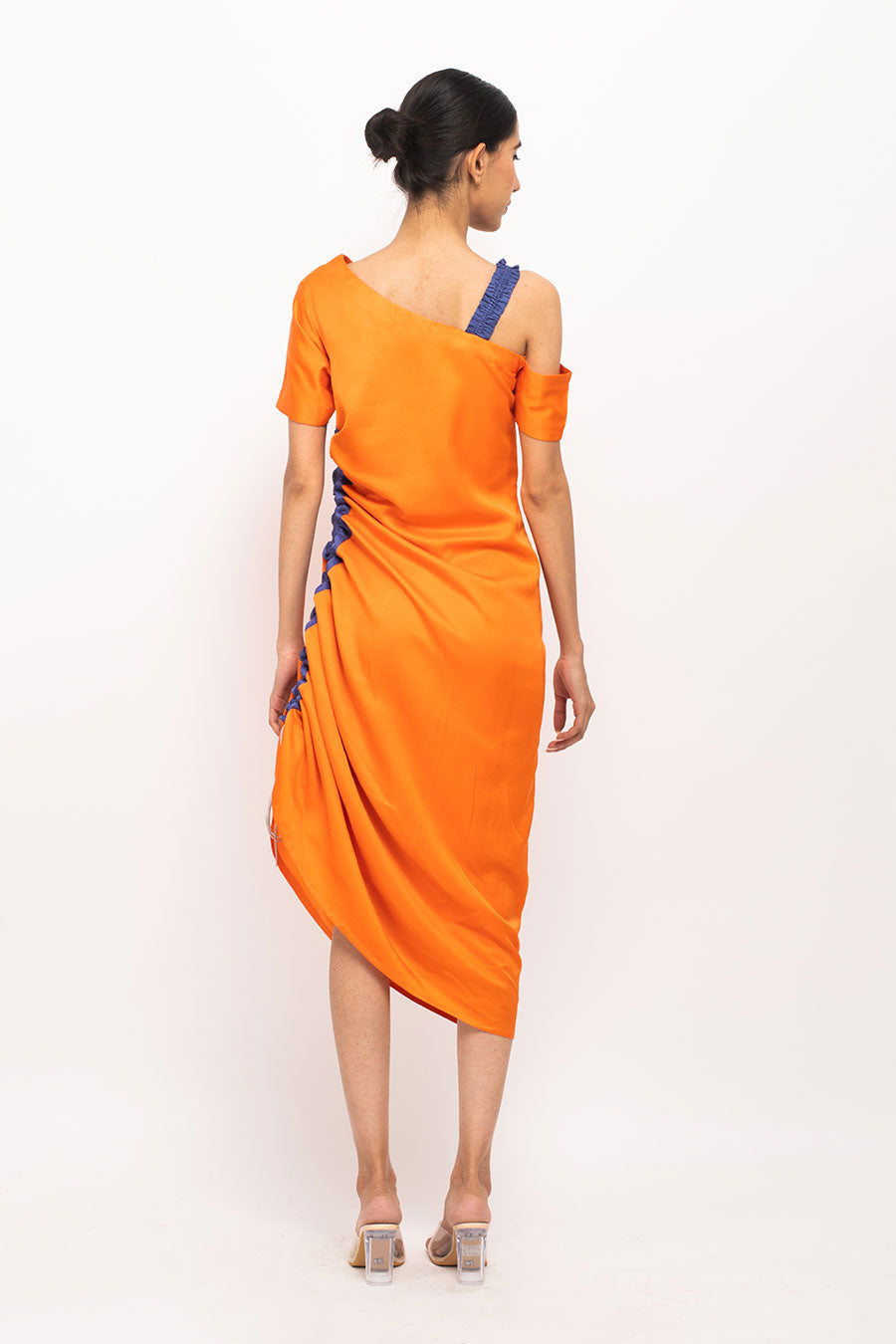 Orange-Blue One-Shoulder Rouched Dress