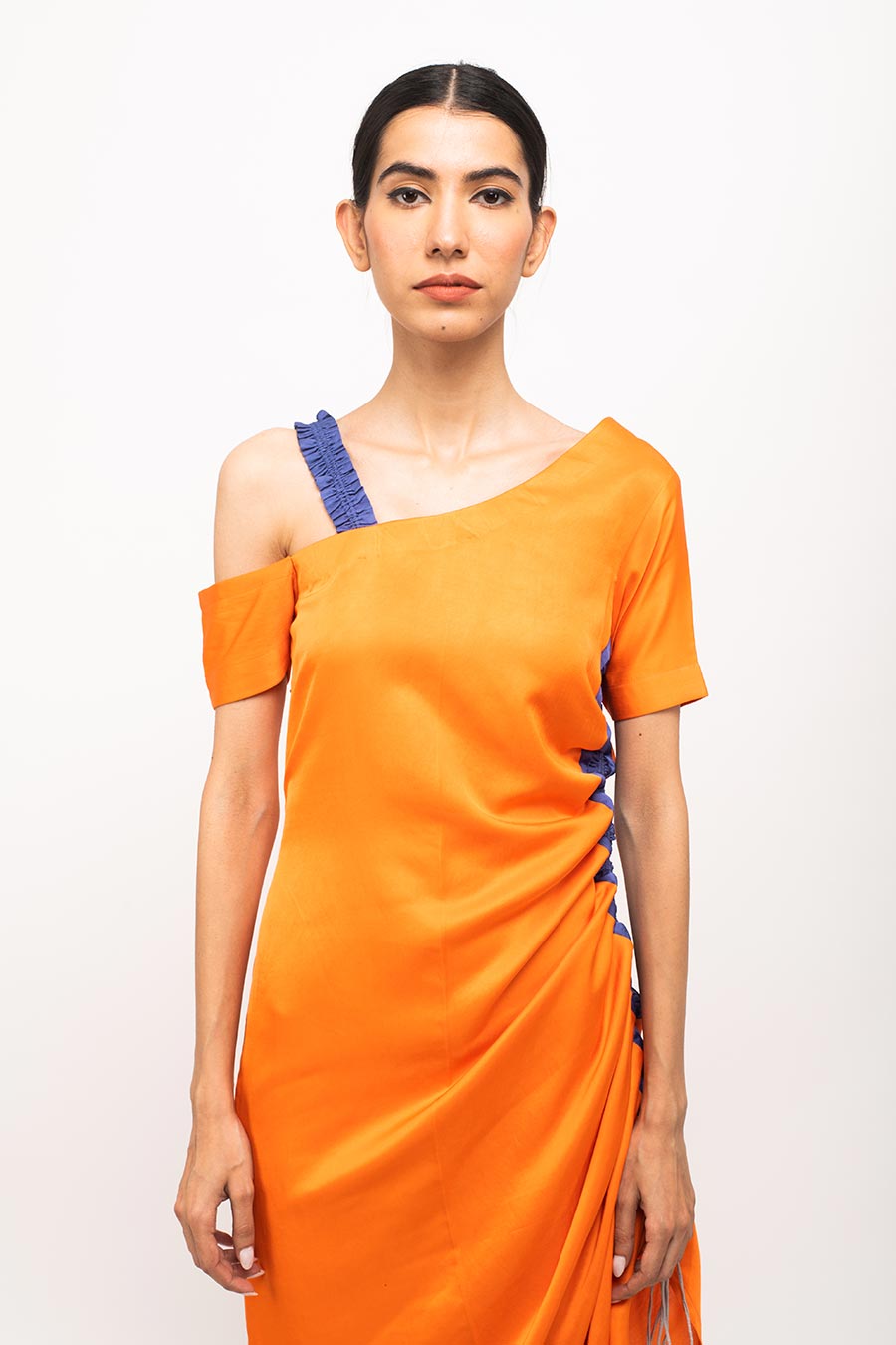 Orange-Blue One-Shoulder Rouched Dress