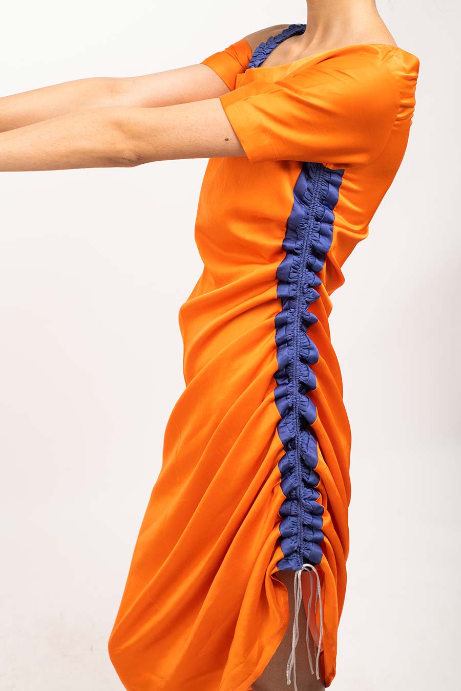 Orange-Blue One-Shoulder Rouched Dress