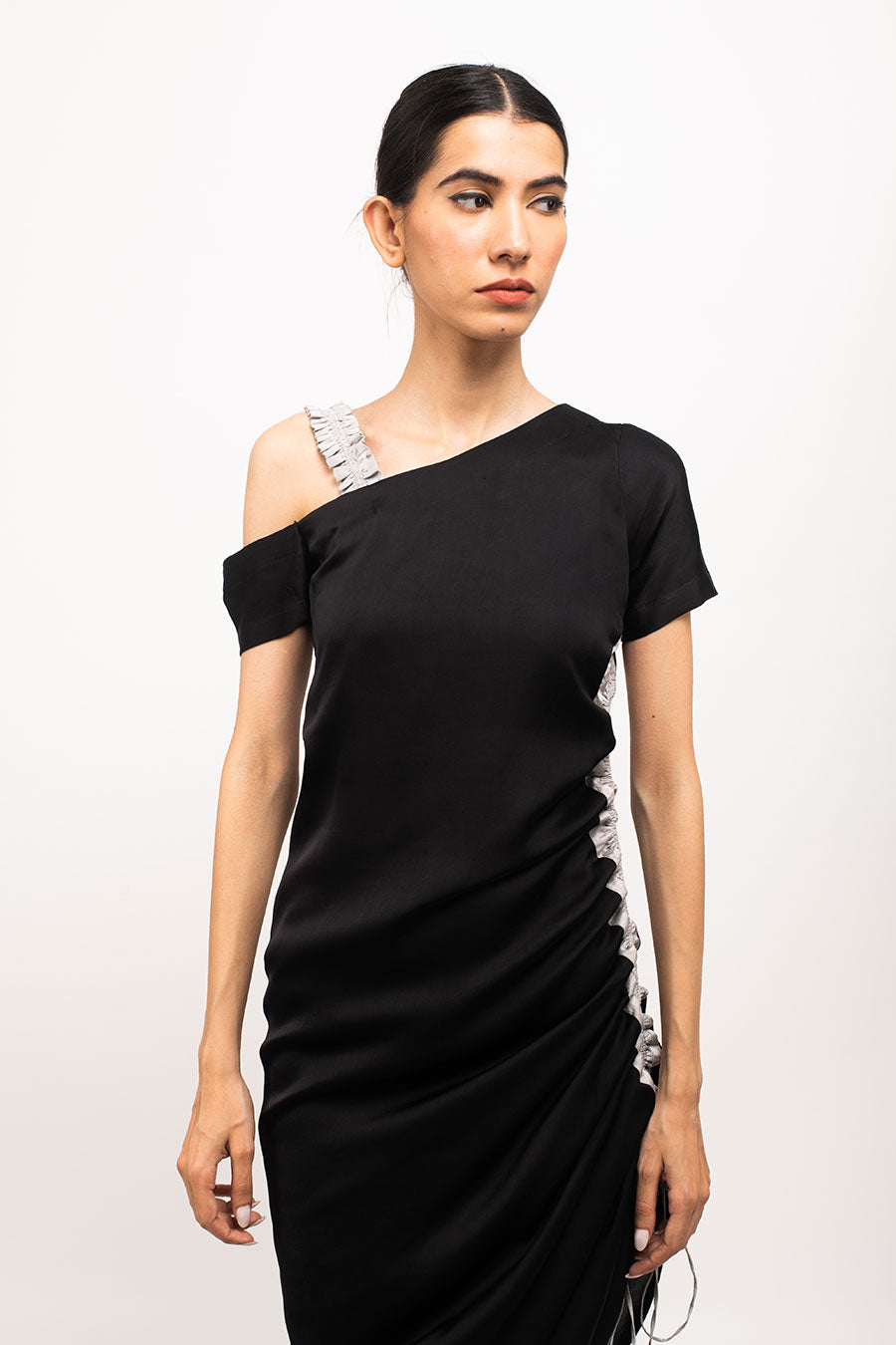 Black-Grey One-Shoulder Rouched Dress