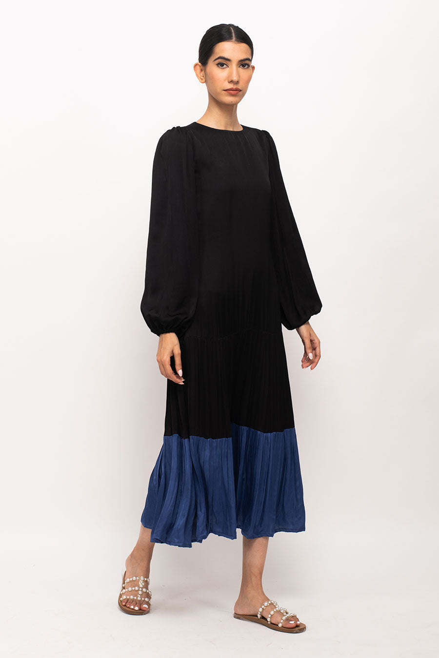 Black-Blue Gather Maxi Dress
