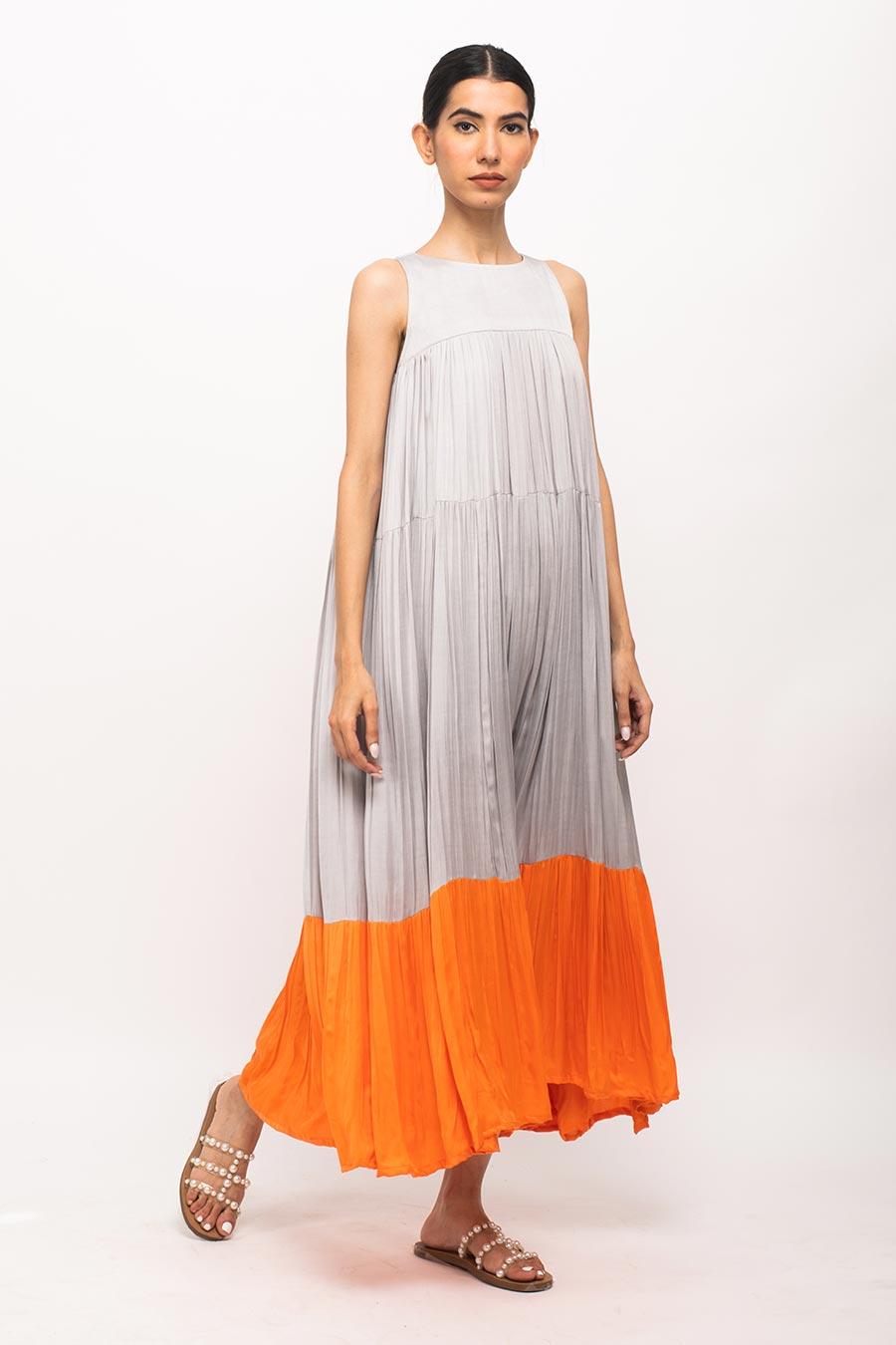 Grey-Orange Halter Neck Dress