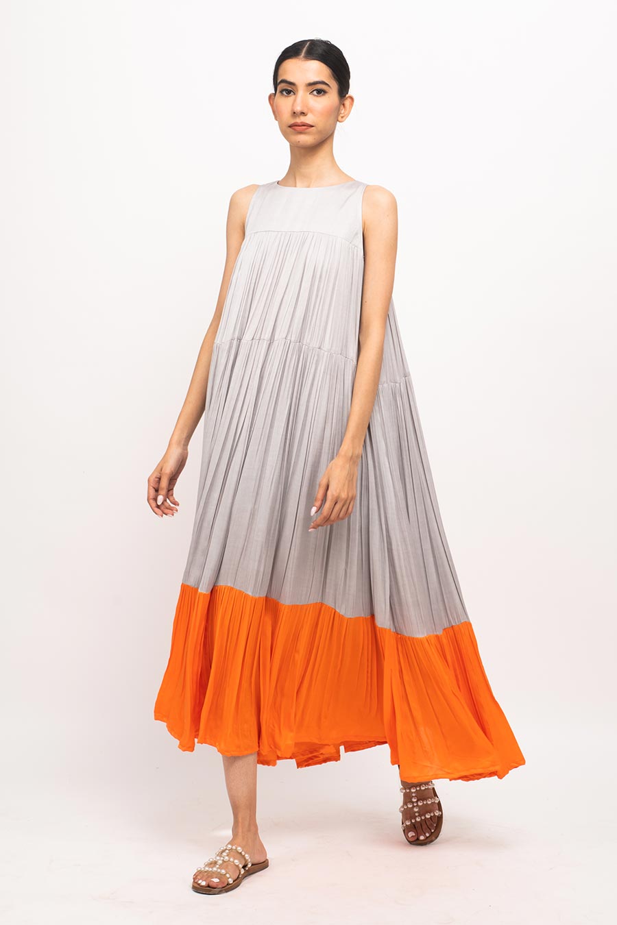 Grey-Orange Halter Neck Dress