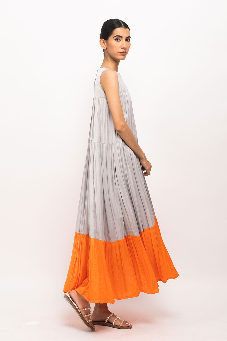 Grey-Orange Halter Neck Dress