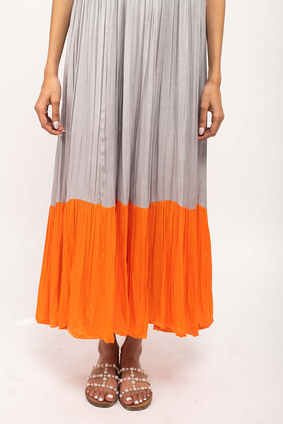 Grey-Orange Halter Neck Dress