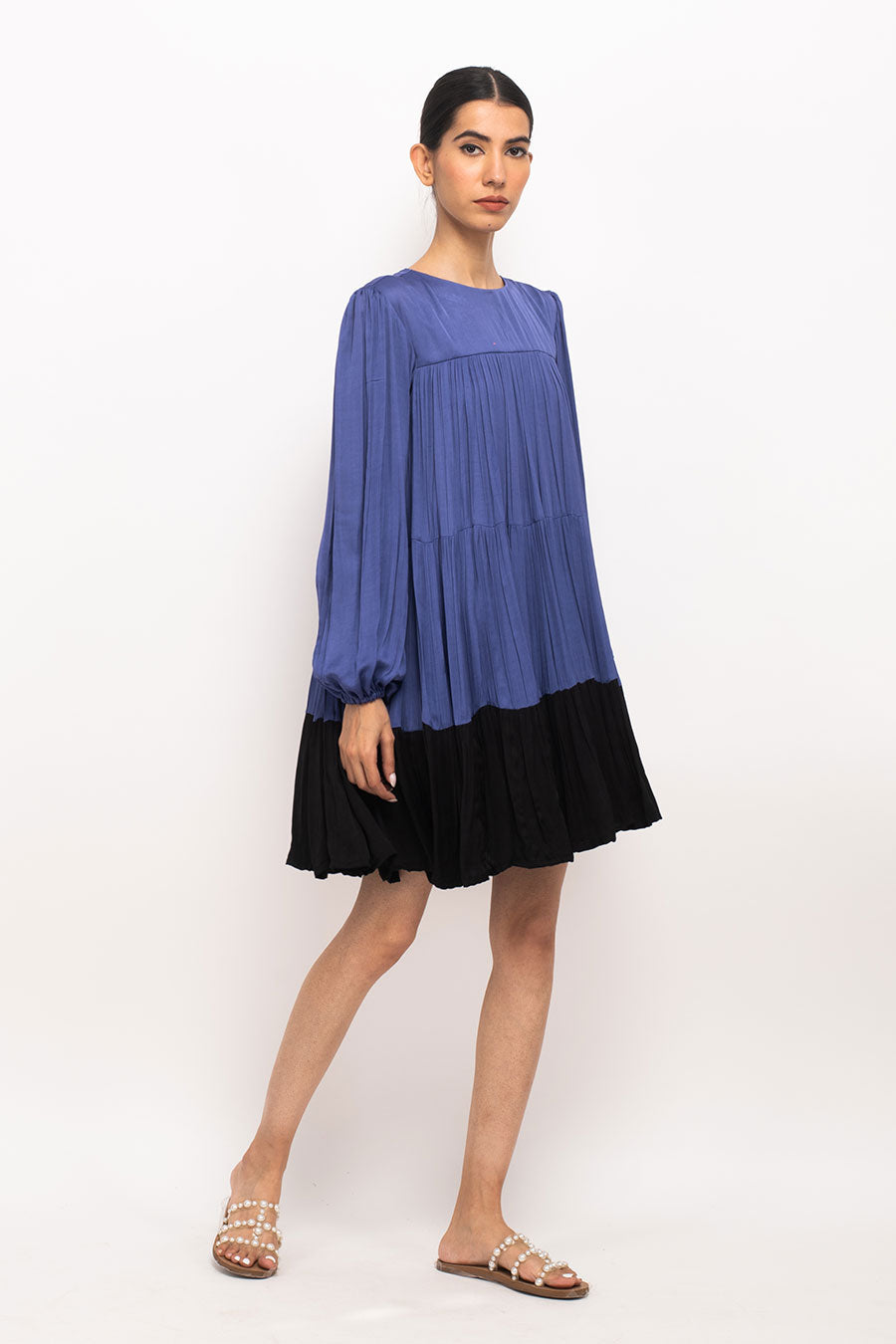 Blue-Black Gather Midi Dress