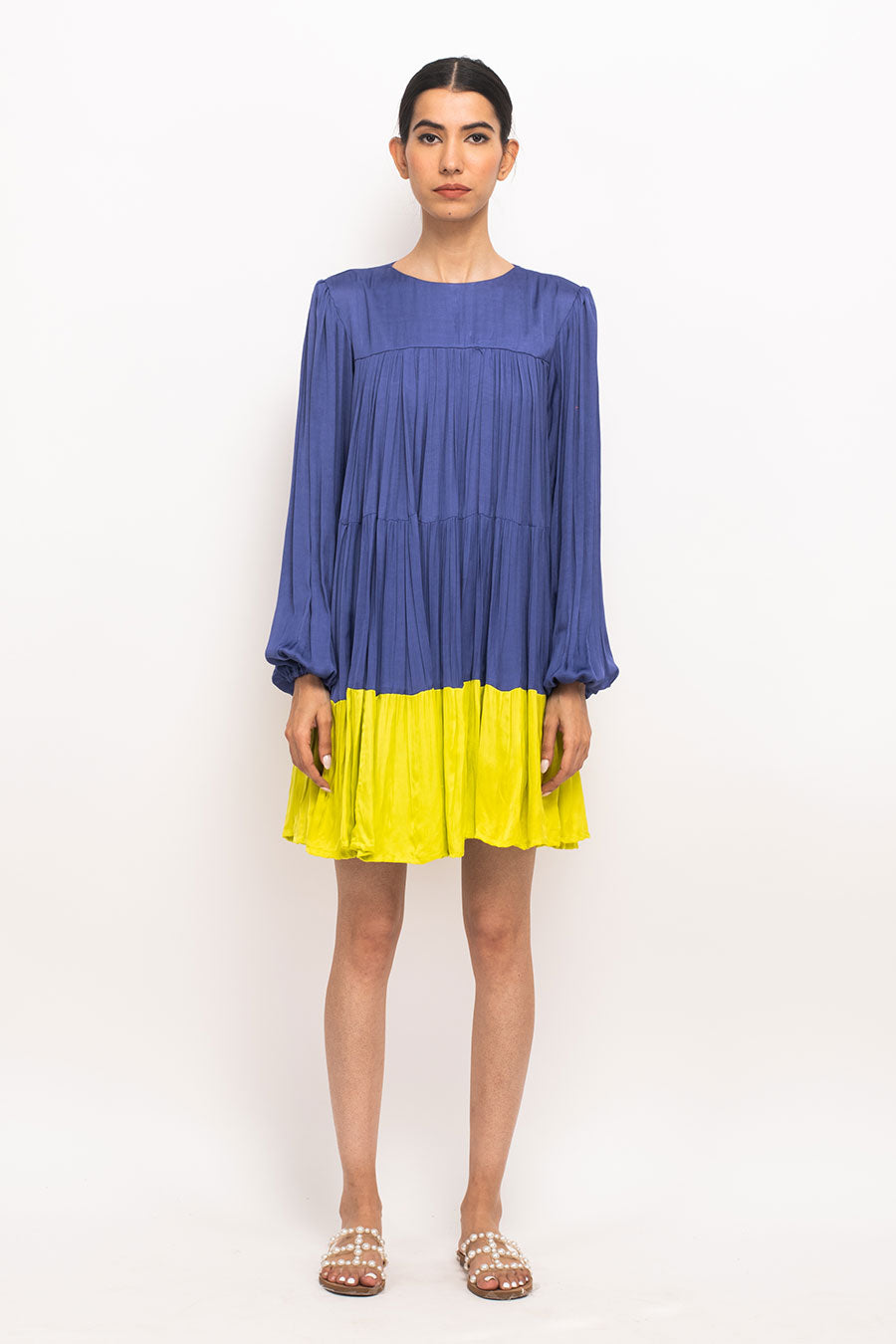 Blue-Yellow Gather Midi Dress