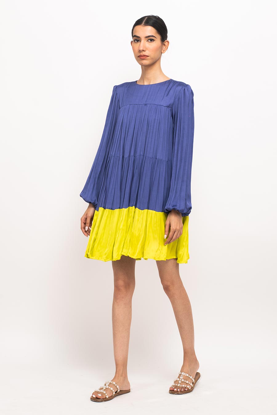 Blue-Yellow Gather Midi Dress