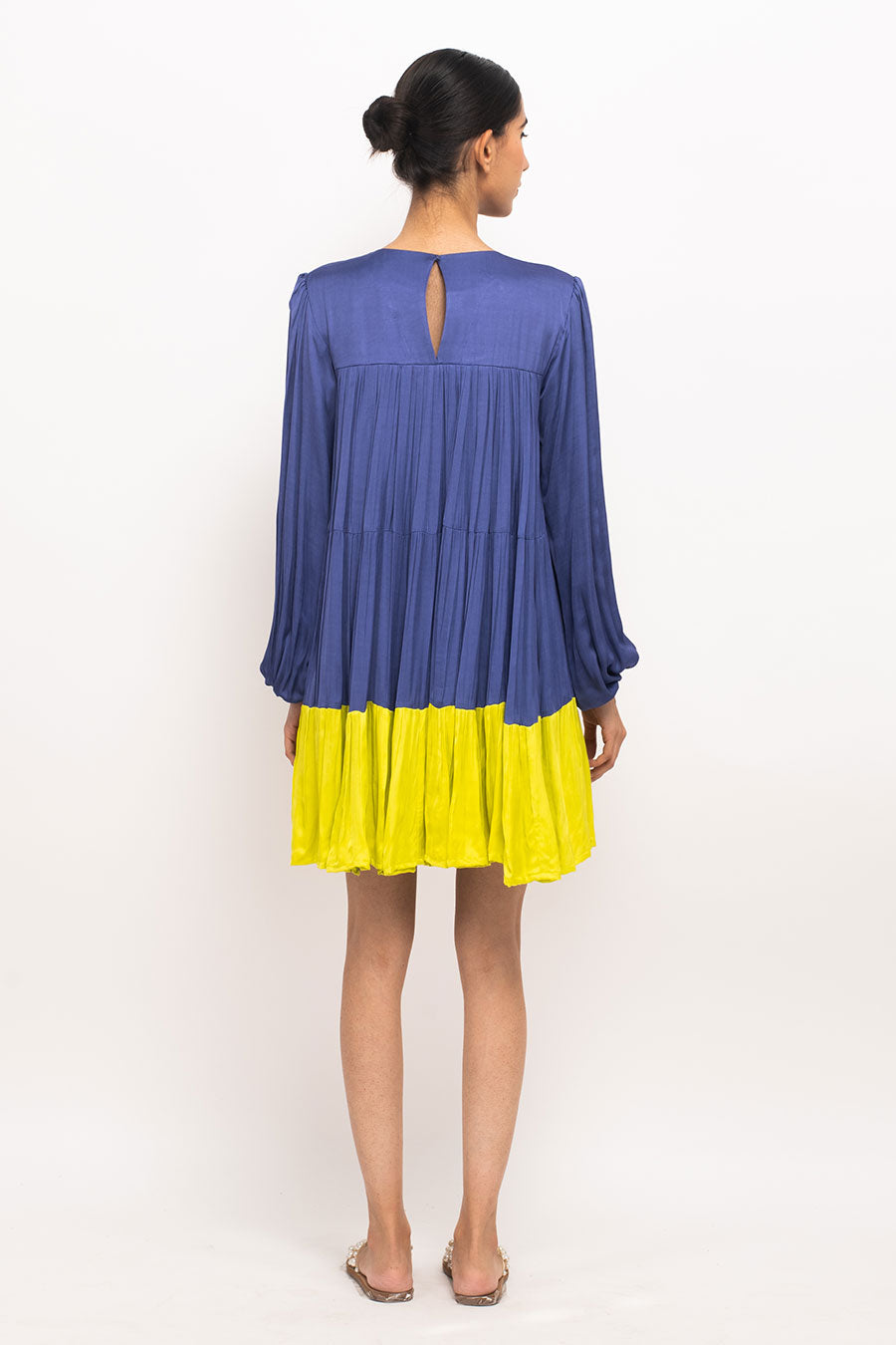 Blue-Yellow Gather Midi Dress