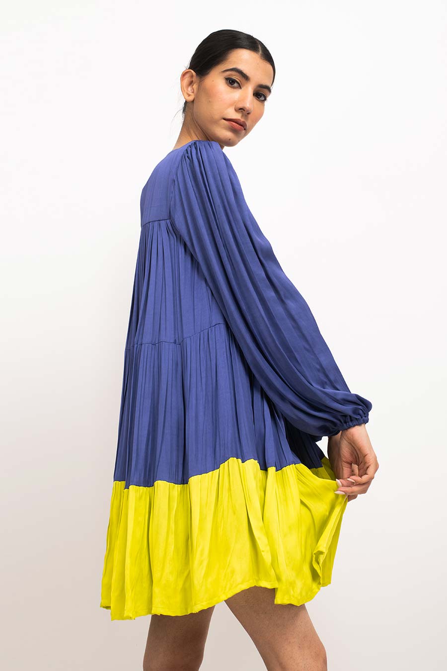 Blue-Yellow Gather Midi Dress