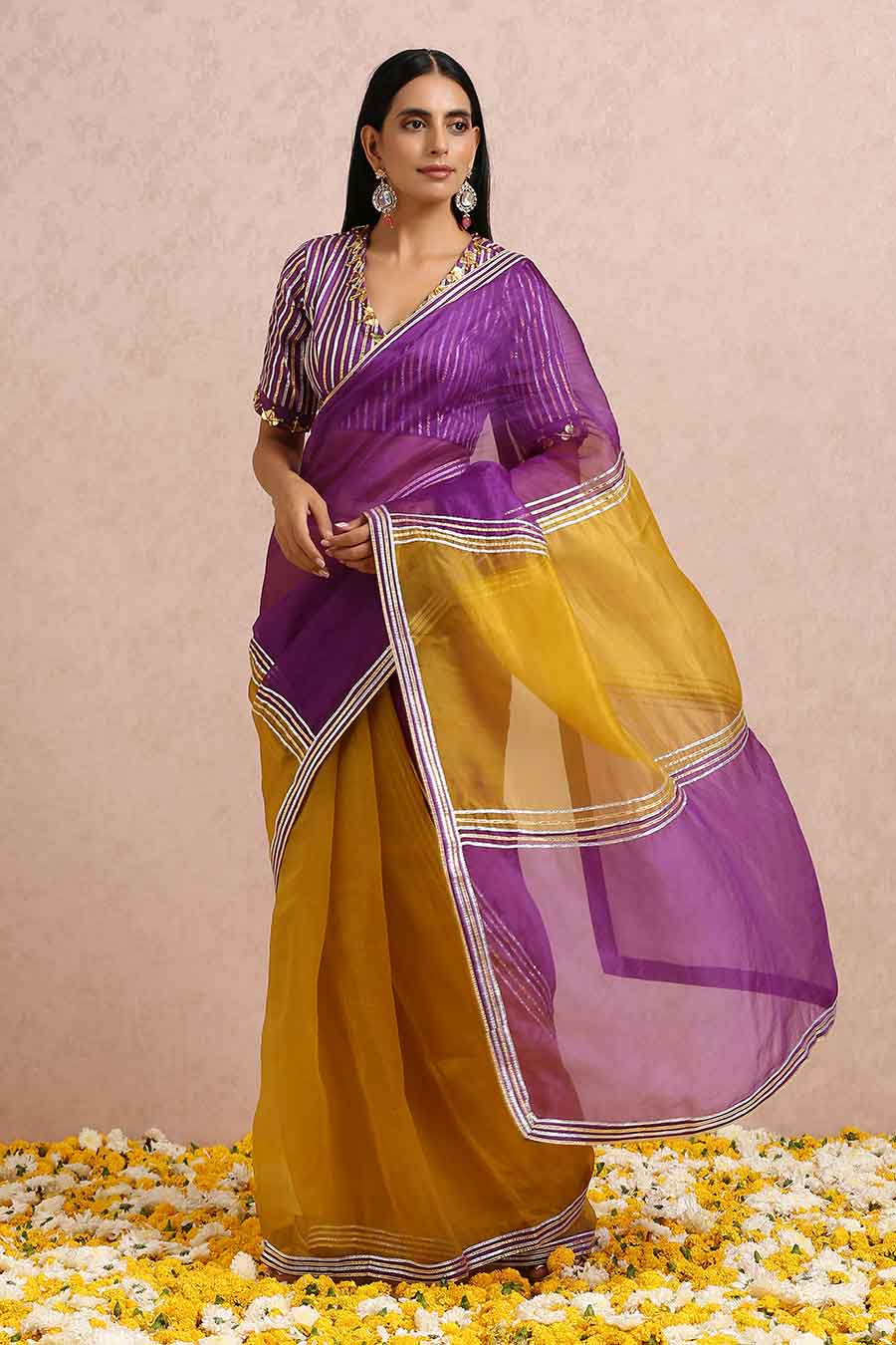 Golden-Plum Organza Saree & Blouse Set