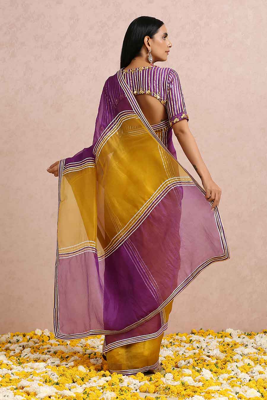 Golden-Plum Organza Saree & Blouse Set