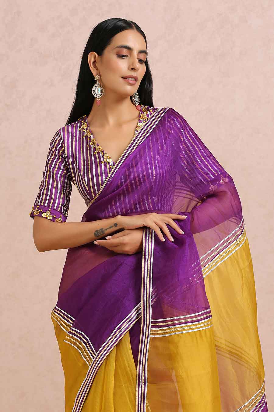 Golden-Plum Organza Saree & Blouse Set