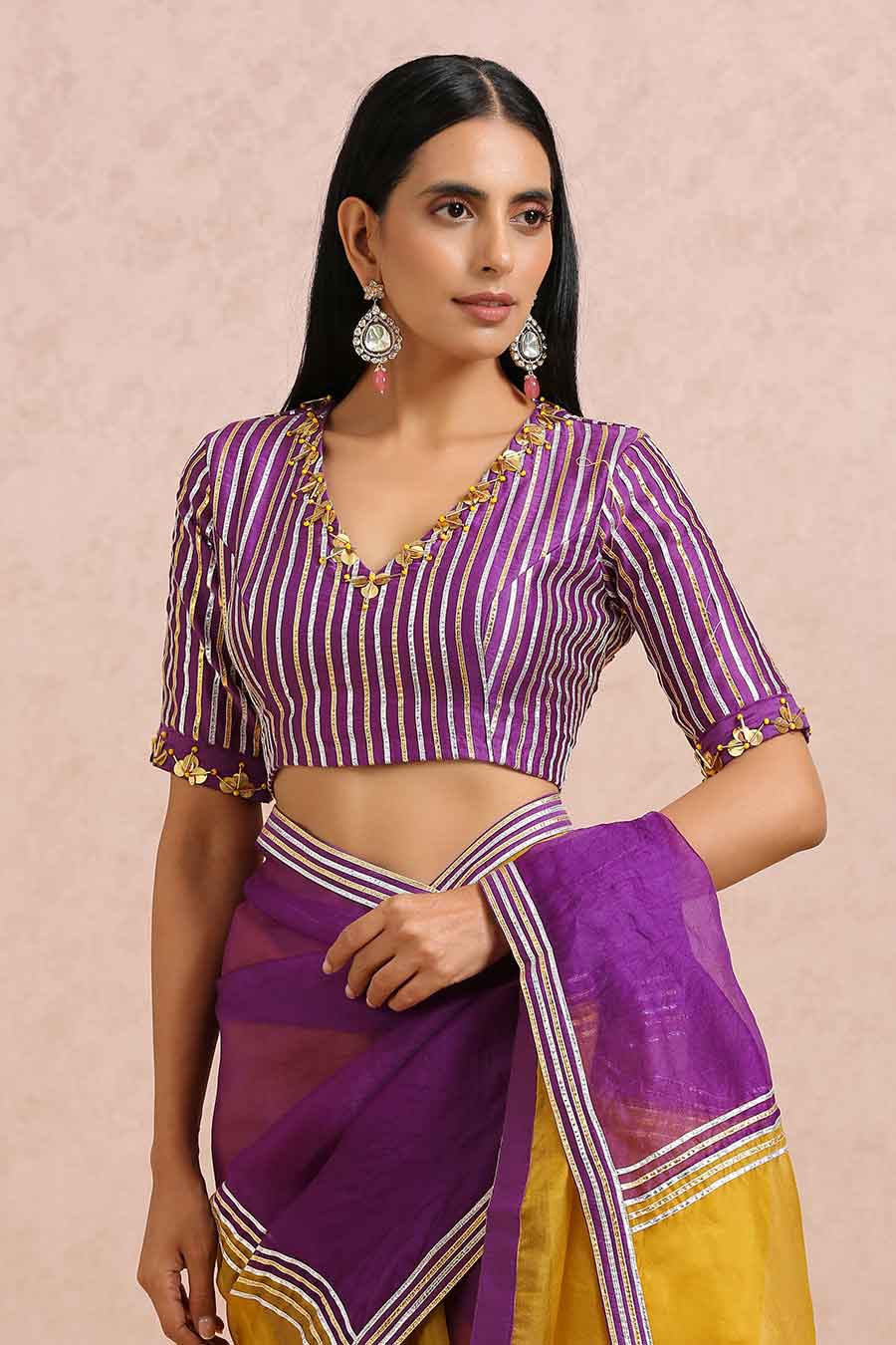 Golden-Plum Organza Saree & Blouse Set